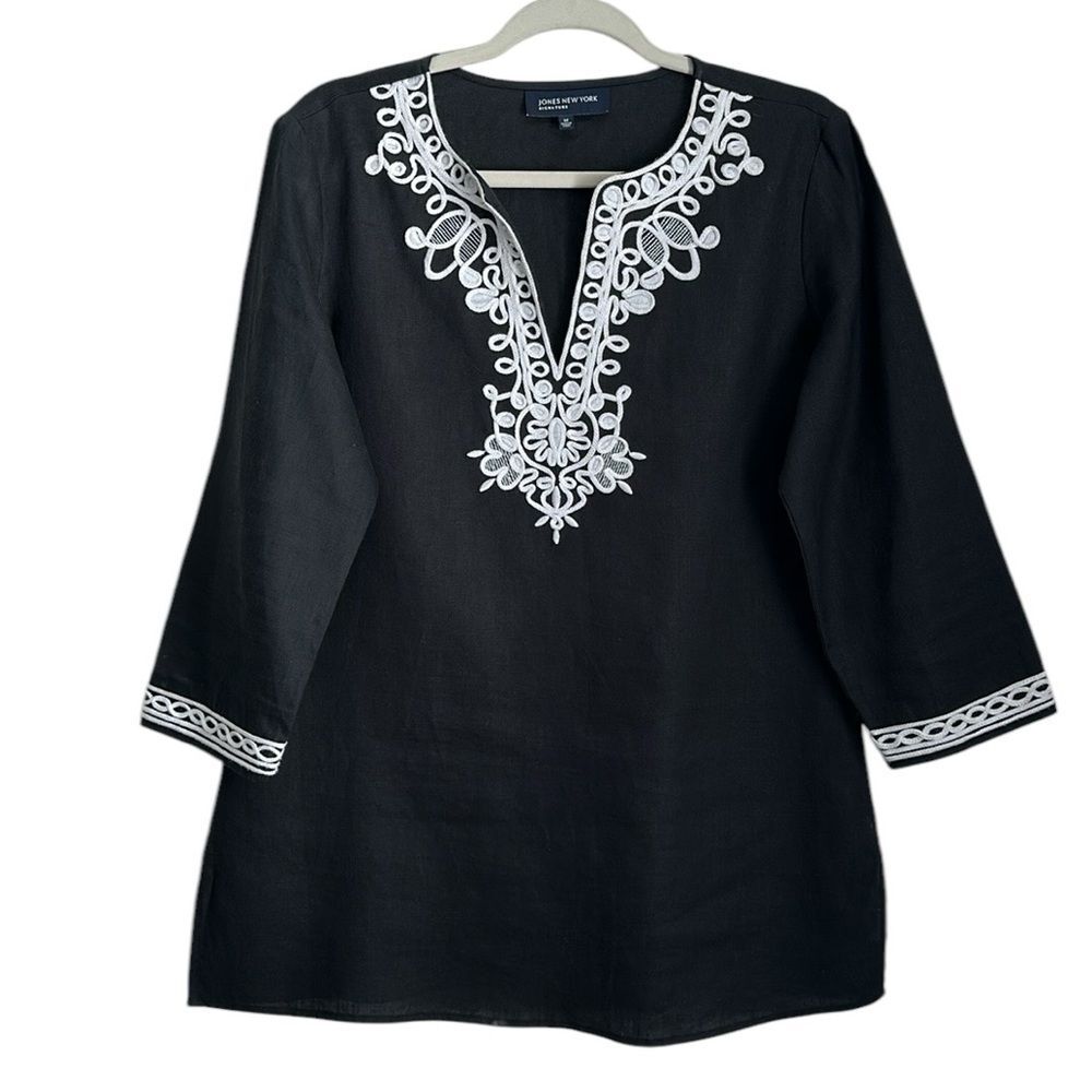 JONES NEW YORK Linen Split Neck Tunic Top Blouse Black Soutache Embroidery Sz. M